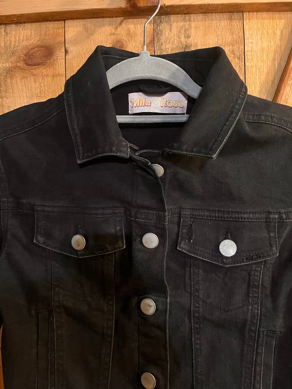 Cropped Black Denim Jacket by Mila Rose Distressed Raw Hem Women’s L
